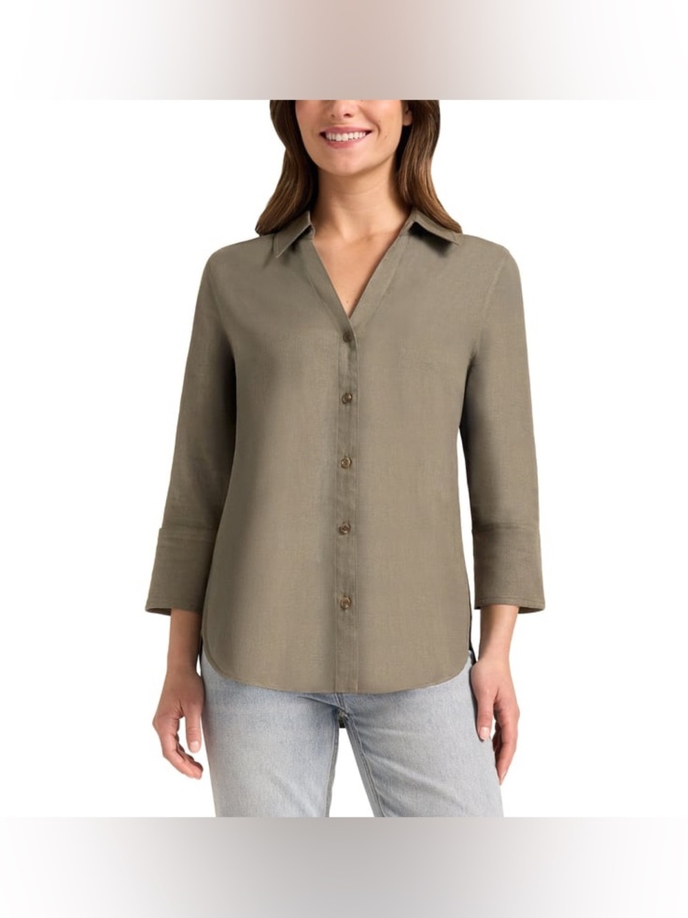 Matty M Linen Blend Shirt Womens L Moss Green Flowy Light 3/4 Sleeve Button Up